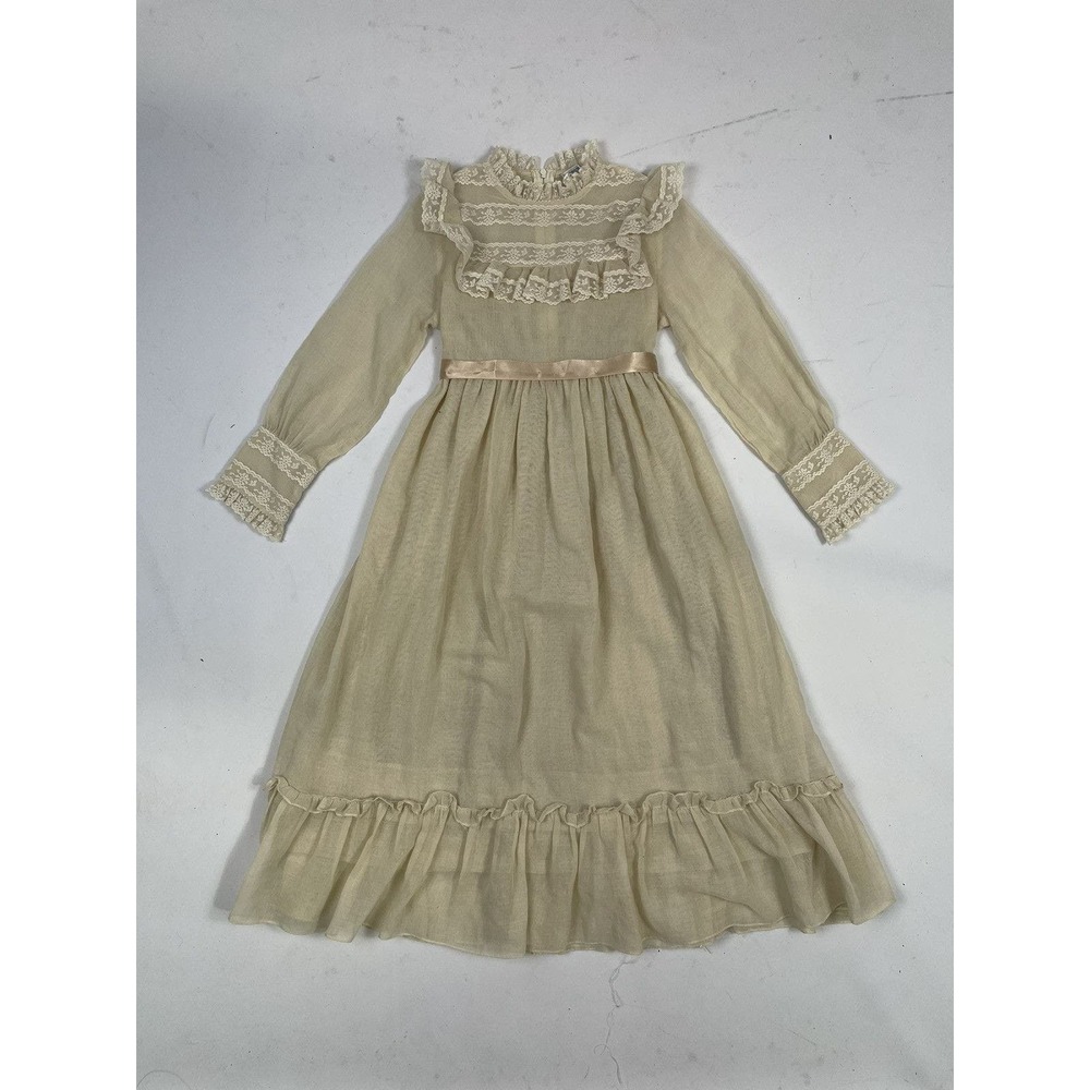 Vintage 70s Girls White Lace Prairie Dress‎ Size 6